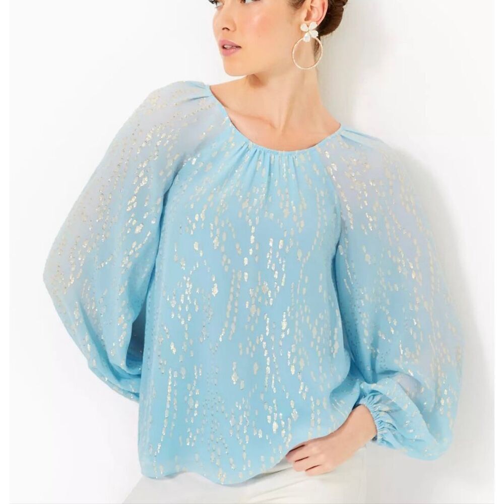 Lilly Pulitzer Noraleen Bonaire blue fish silk clip dot blouse size small